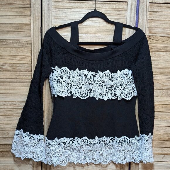 INC International Concepts Black and White Lace Off-Shoulder Top Size Med - Picture 1 of 6